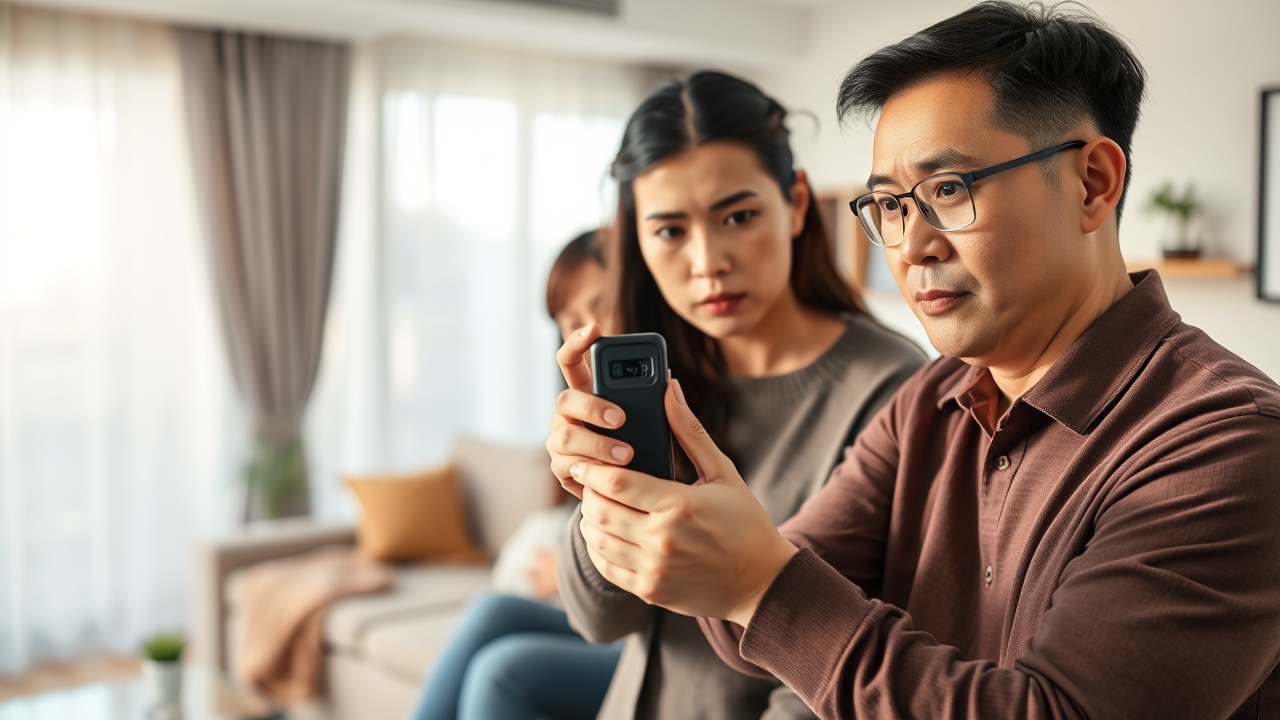 Người sử dụng máy dò nghe lén để kiểm tra an toàn phòng khách, phát hiện thiết bị theo dõi ẩn giấu trong căn hộ hiện đại