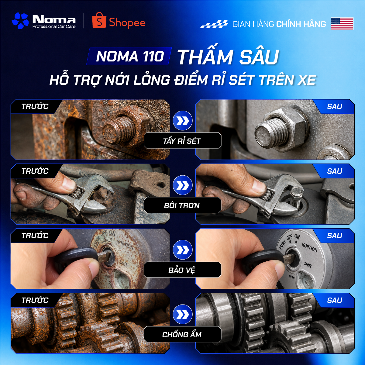 Hướng dẫn sử dụng Noma 110 tẩy rỉ sét trên các điểm khác nhau