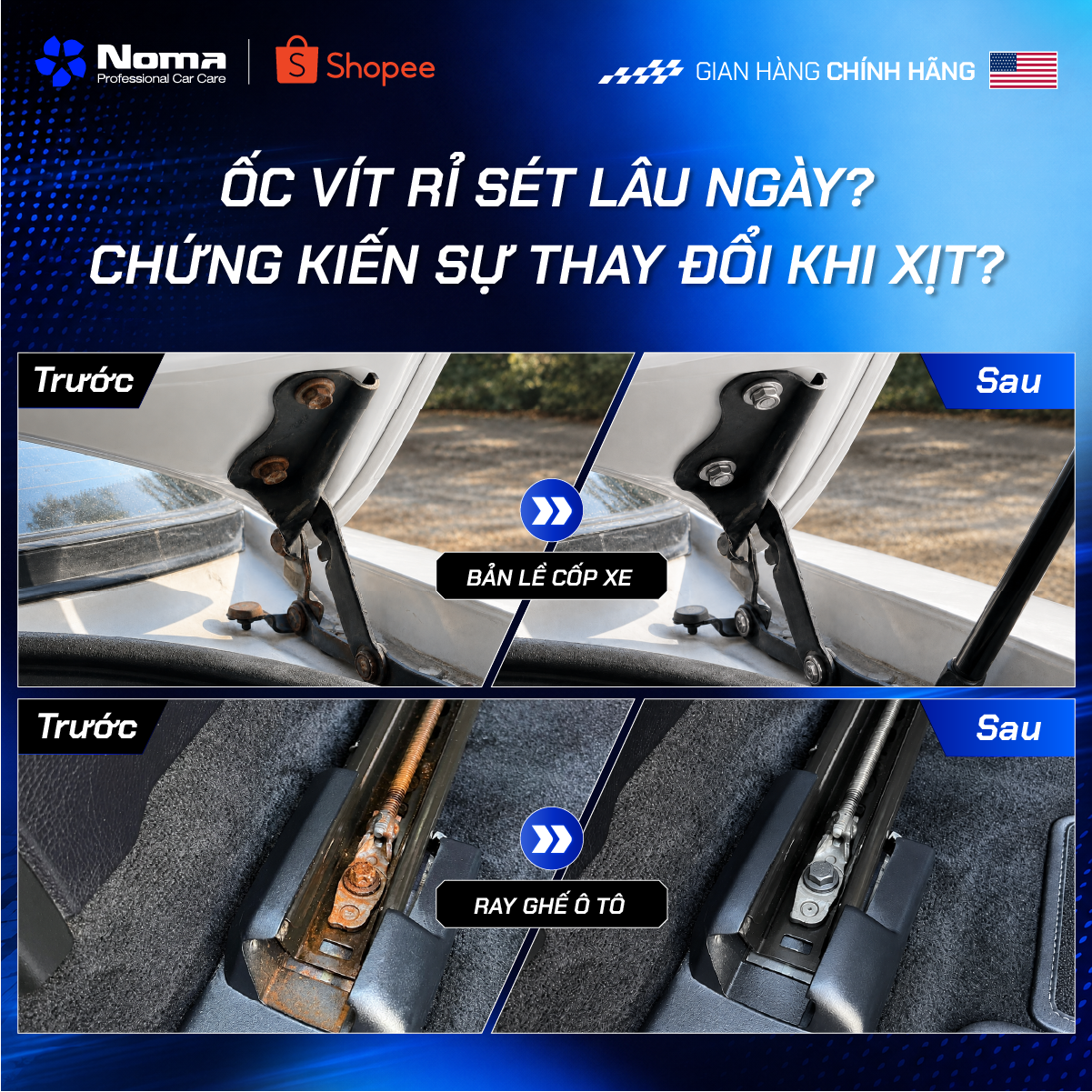 Tẩy rỉ sét bản lề cửa ô tô và ray ghế với Noma 110
