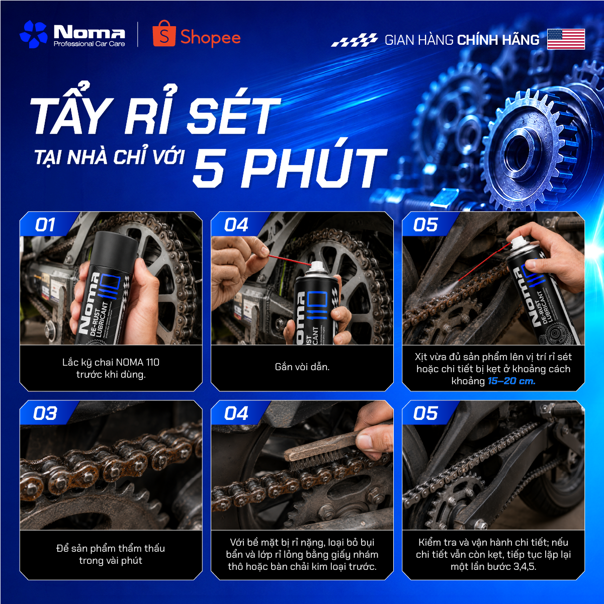 Quy trình 5 bước tẩy rỉ sét nhanh chóng với Noma 110