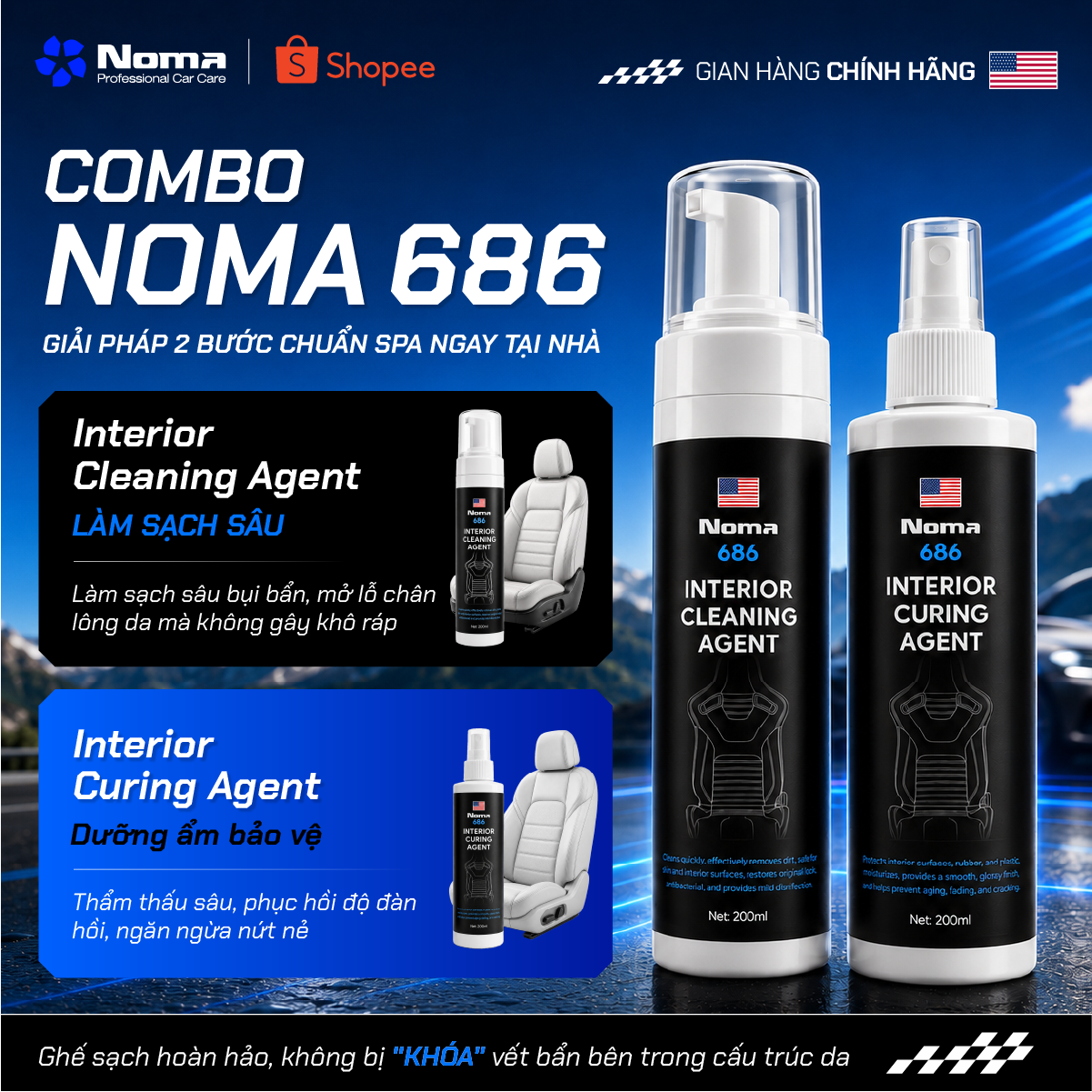 NOMA 686 Combo giải pháp 2 bước chuyên sâu làm sạch dưỡng ẩm ghế da ô tô