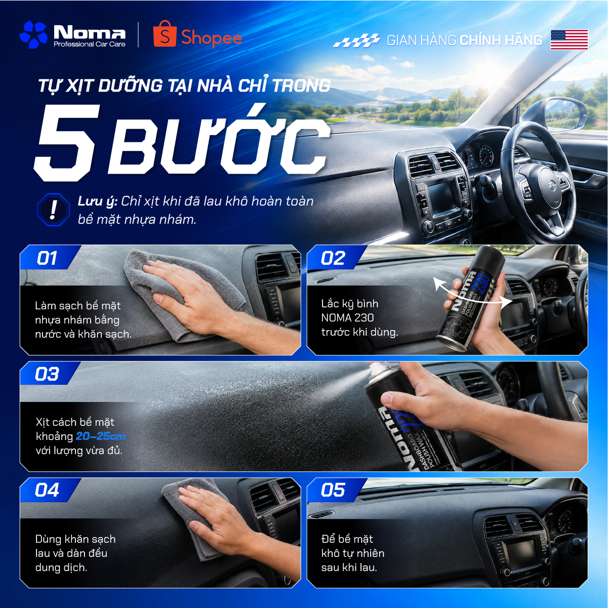 Cách xịt dưỡng nhựa NOMA 230 trên xe - khoảng cách 20-25cm