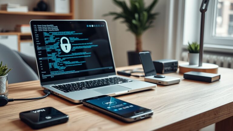 Bảo vệ quyền riêng tư công tác với các thiết bị bảo mật chuyên nghiệp, laptop mã hóa dữ liệu, và các công cụ an ninh hiện đại trên bàn làm việc