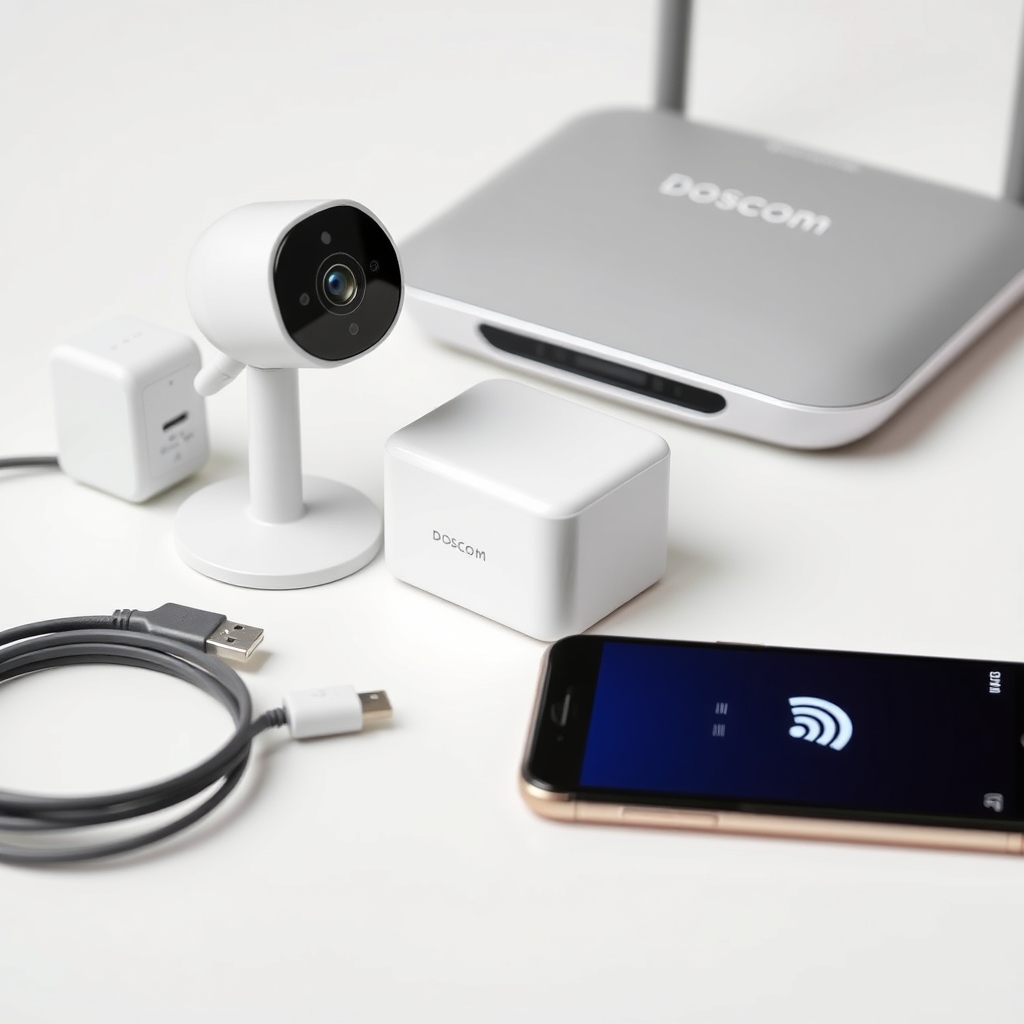 Thiết bị chuẩn bị kết nối camera quan sát: Doscom DA1 Pro, adapter, cáp USB, điện thoại có ứng dụng Doscom, router WiFi