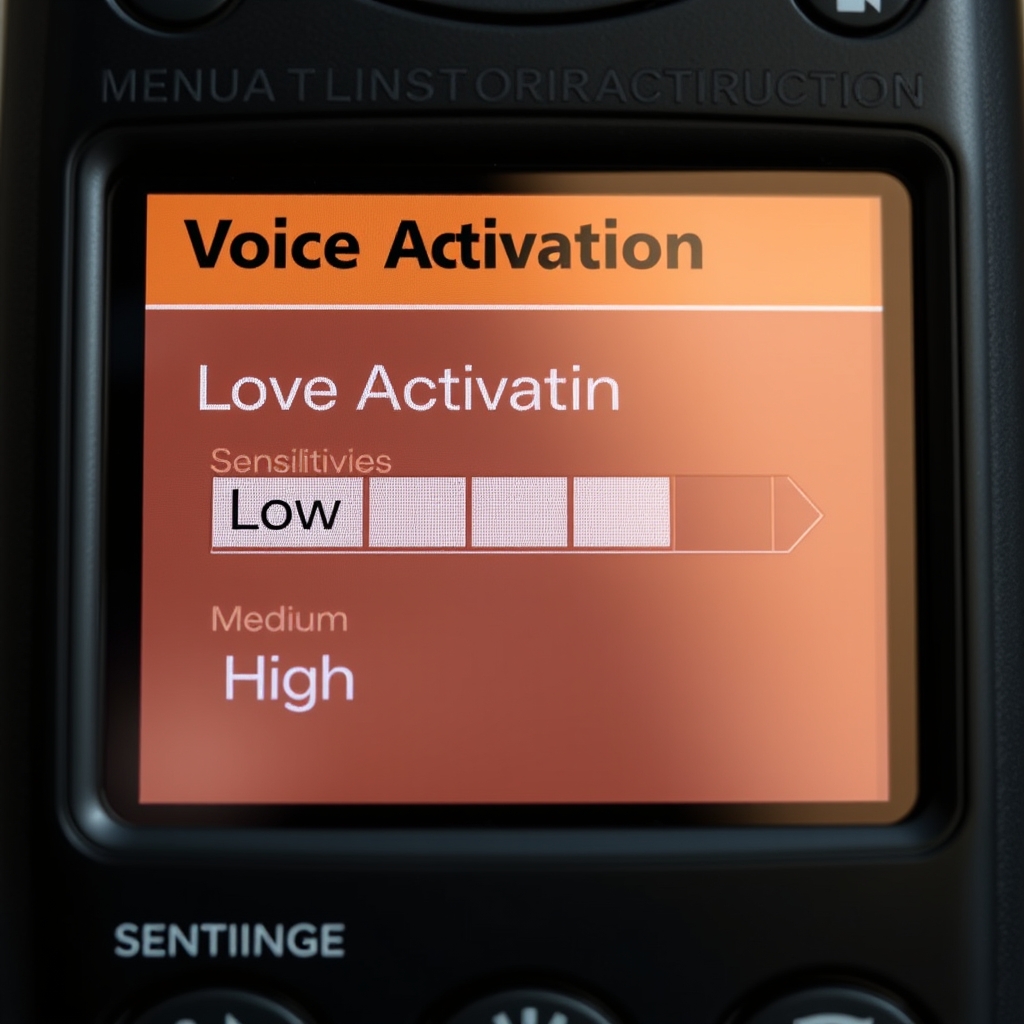 Menu cài đặt Voice Activation trên Doscom DR1 với các tùy chọn độ nhạy cảm Low, Medium, High, giao diện dễ sử dụng
