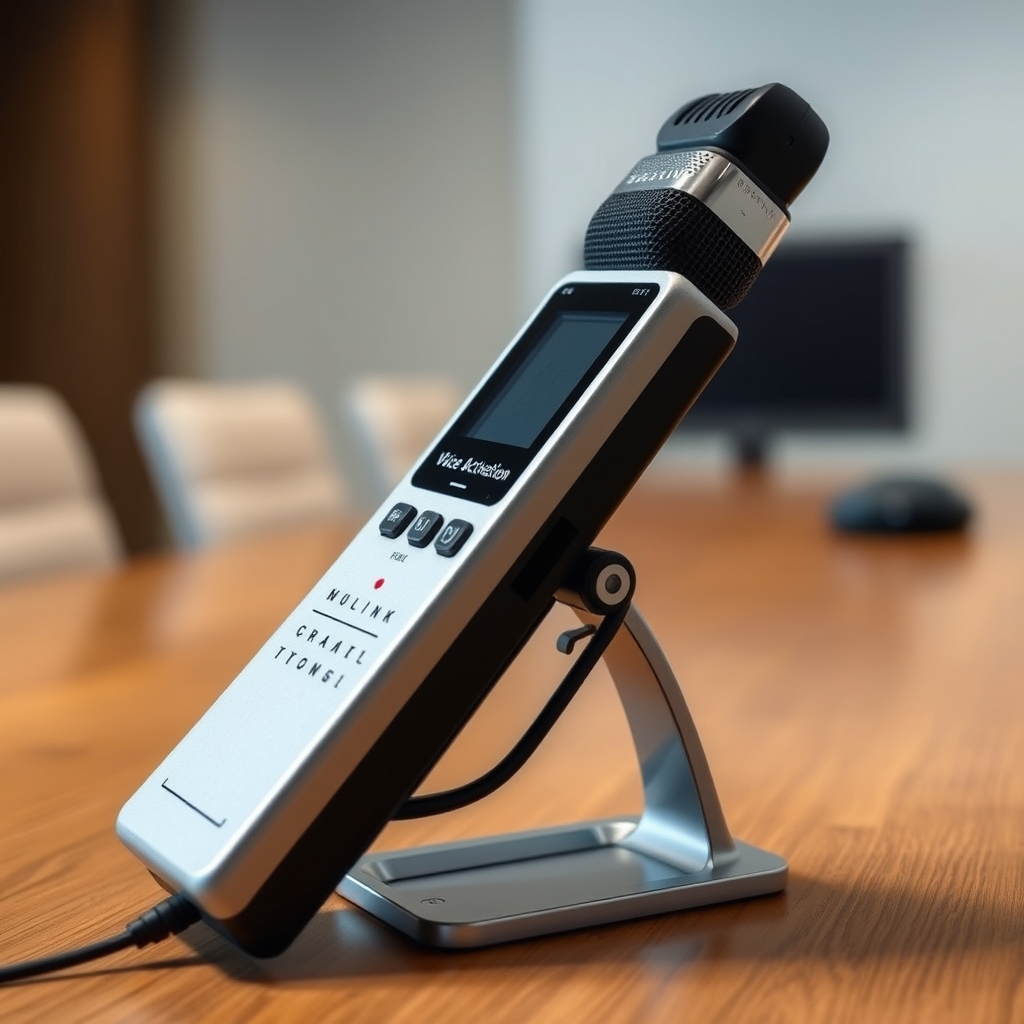 Máy ghi âm Doscom DR1 với tính năng Voice Activation đặt trên bàn họp, thiết kế hiện đại, chuyên nghiệp cho ghi âm cuộc họp