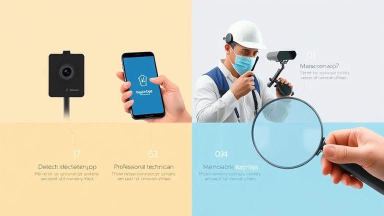 Bảng so sánh trực quan 4 phương pháp phòng chống camera ẩn: máy dò chuyên dụng, ứng dụng WiFi, dịch vụ chuyên nghiệp, kiểm tra thủ công.