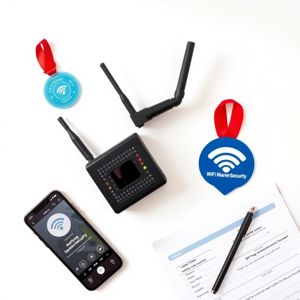 Máy dò camera ẩn chuyên dụng Doscom D1 cùng các công cụ kiểm tra khác: ứng dụng phát hiện WiFi, biểu mẫu kiểm tra an ninh, thể hiện 4 phương pháp phòng chống toàn diện.