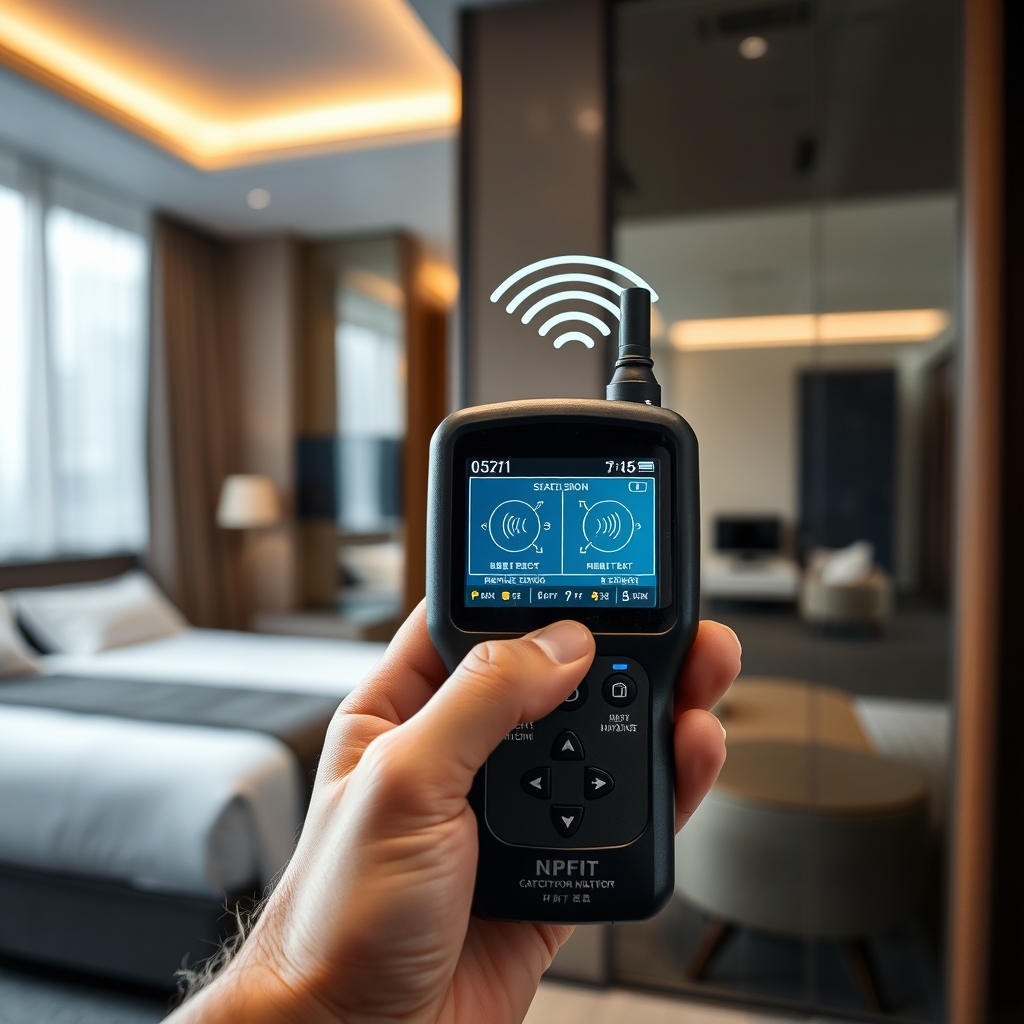 Máy dò sóng RF Doscom D1 được sử dụng để quét các góc phòng khách sạn nhằm phát hiện camera ẩn và thiết bị nghe lén không dây