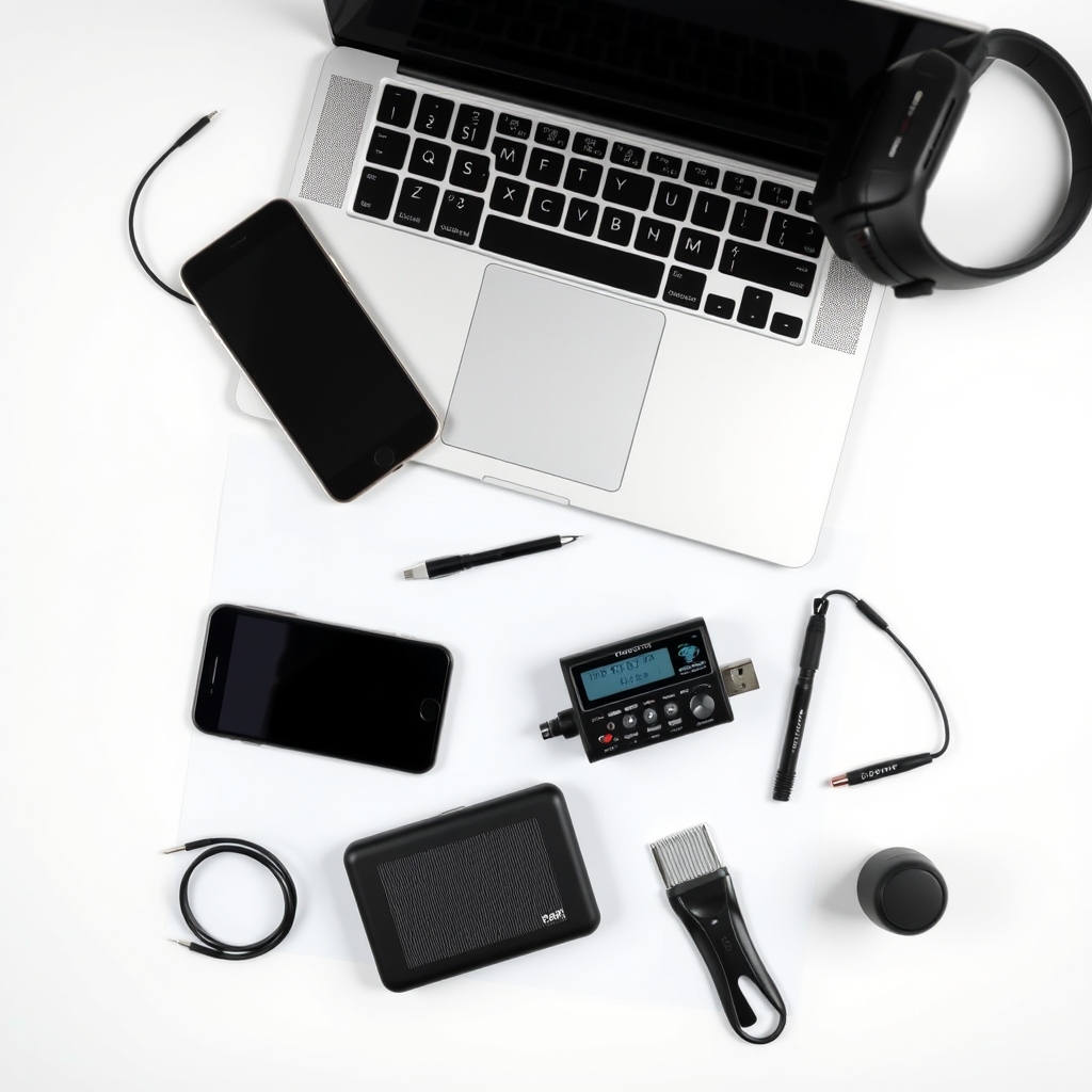 Bốn phương pháp ghi âm cuộc họp tự động được xếp cạnh nhau: smartphone, laptop, thiết bị ghi âm chuyên dụng, nền trắng