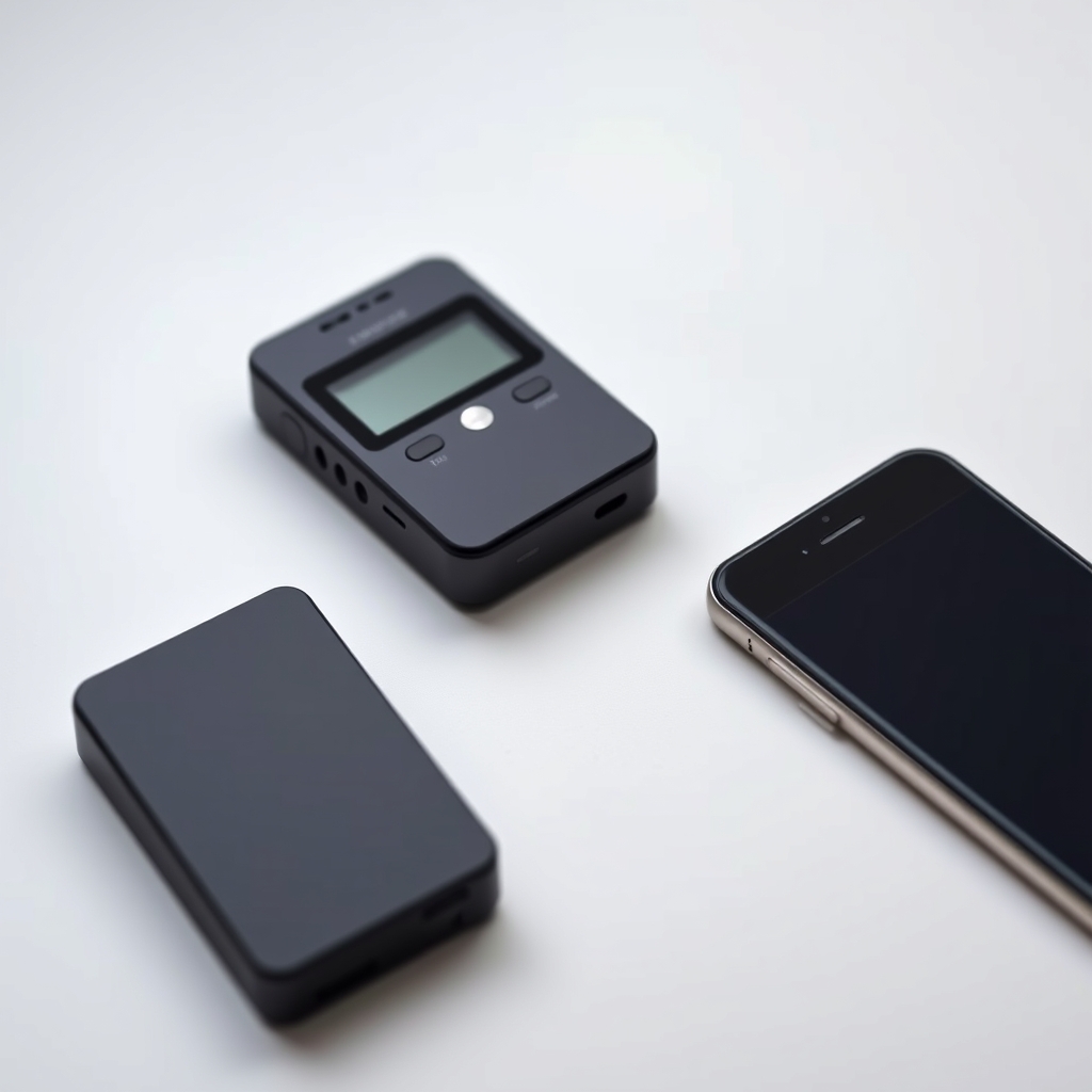 Máy ghi âm nhỏ gọn DR1 so sánh kích thước với smartphone và bút, thể hiện tính năng siêu nhỏ gọn dễ giấu trong túi áo.