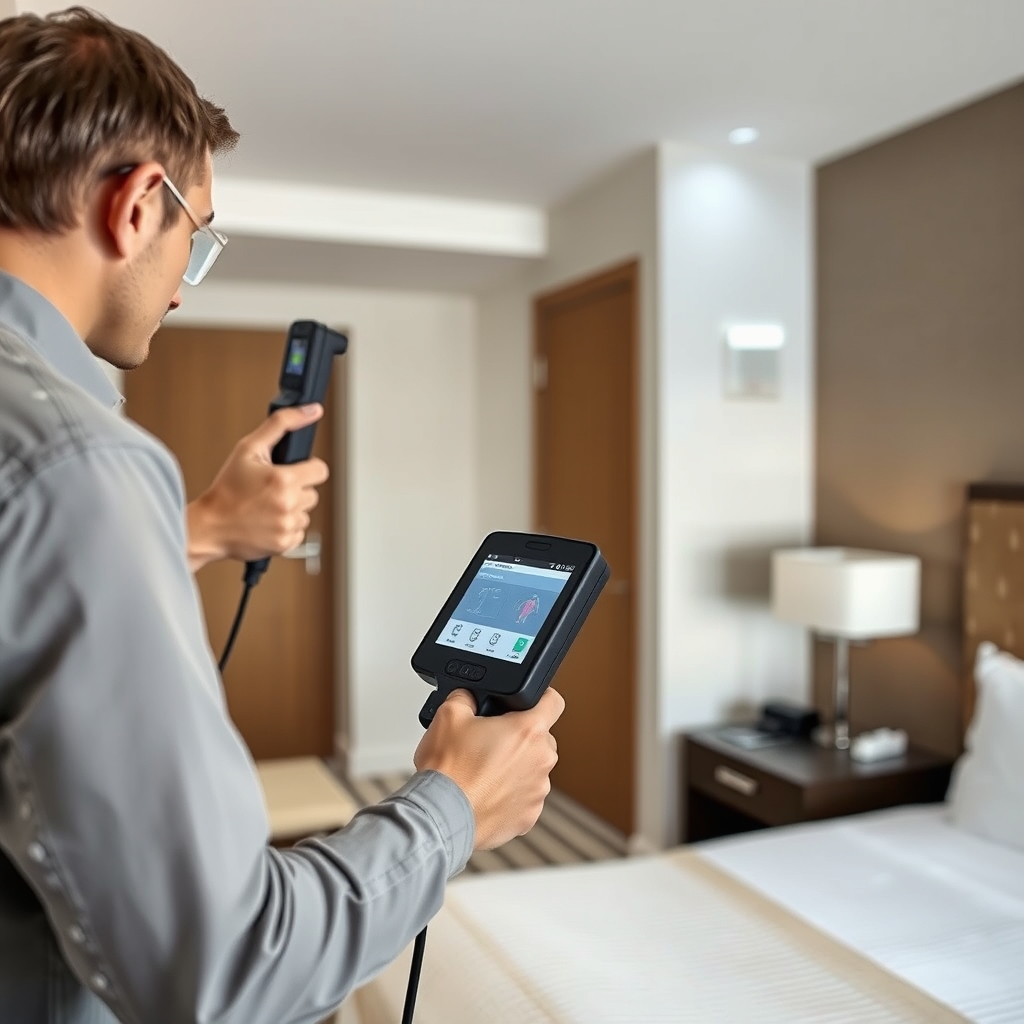 Hướng dẫn từng bước sử dụng máy dò camera ẩn Doscom D1 để quét phòng khách sạn, kiểm tra các vị trí nguy hiểm