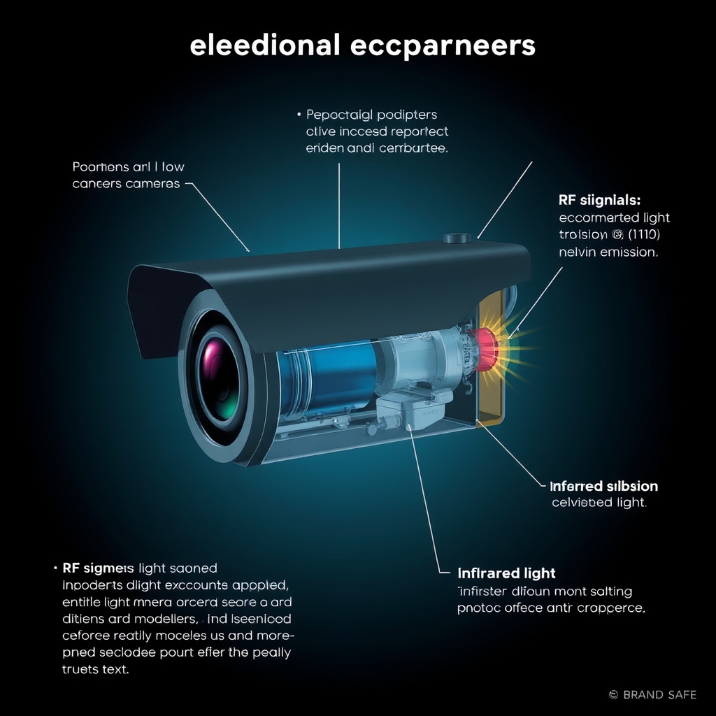 Sơ đồ nguyên lý hoạt động camera ẩn, hiển thị cách camera WiFi phát sóng RF và sử dụng ánh sáng hồng ngoại để quay lén