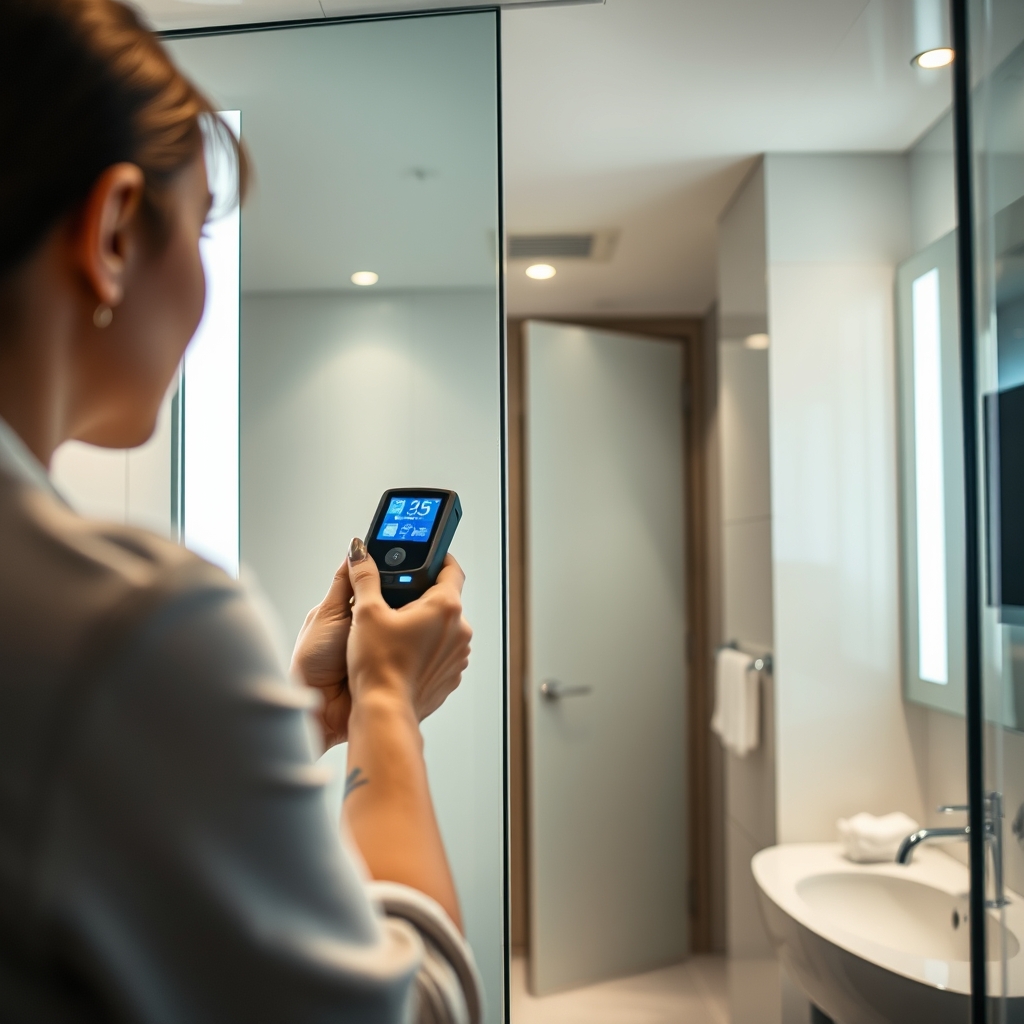 Quét phòng tắm khách sạn bằng máy dò để phát hiện camera quay lén ẩn ở gương và trần nhà