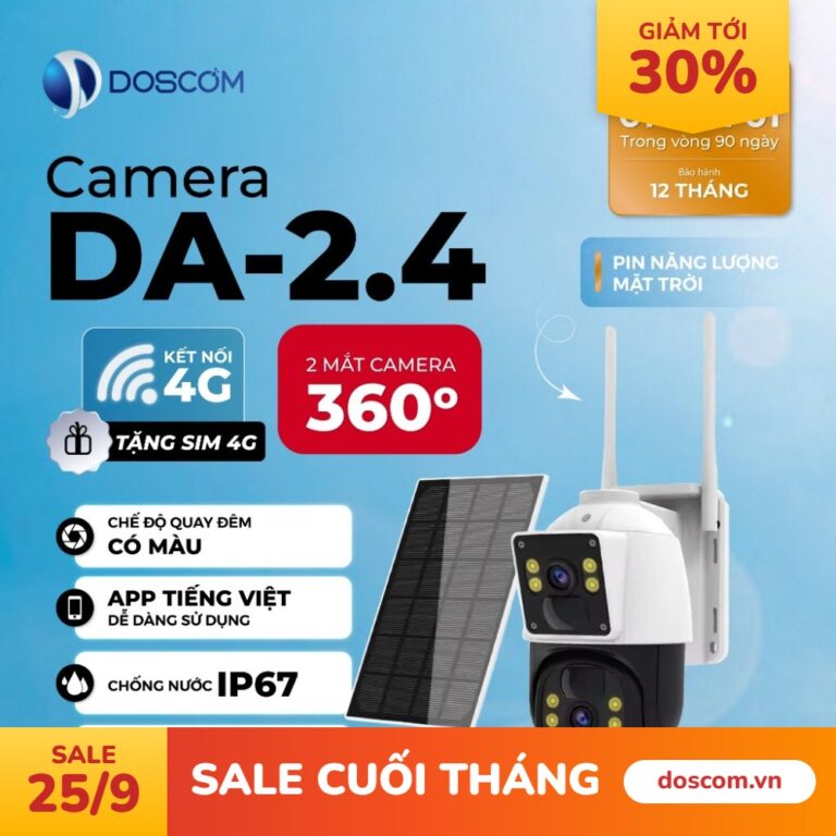Camera ngoài trời 4G DOSCOM DA2.4 sử dụng năng lượng mặt trời, giám sát an ninh 360° , chống nước IP67, tặng kèm sim 4G