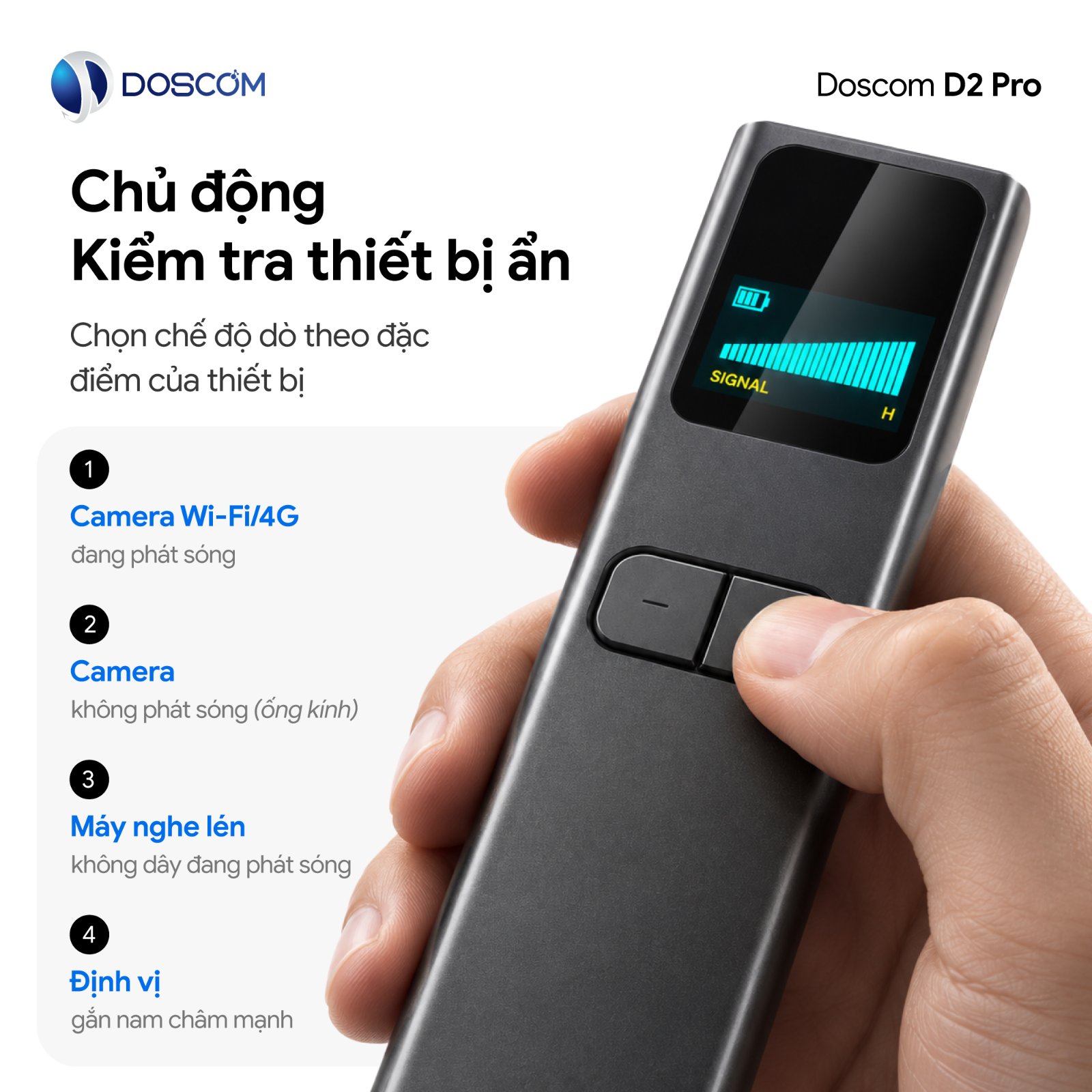 Máy dò camera ẩn D2 Pro với 4 chế độ: RF, Từ trường, Hồng ngoại, Đèn độ