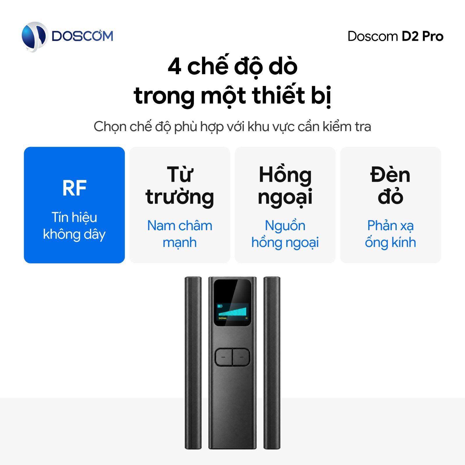 Máy dò camera ẩn D2 Pro với 4 chế độ: RF, Từ trường, Hồng ngoại, Đèn độ