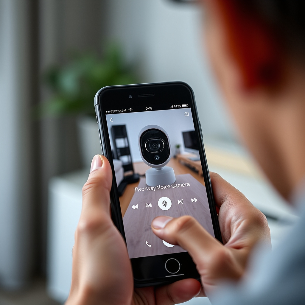 Giao diện gọi video 2 chiều trên điện thoại khi dùng camera giám sát gọi video từ xa, hiển thị micro và loa tích hợp của Doscom.