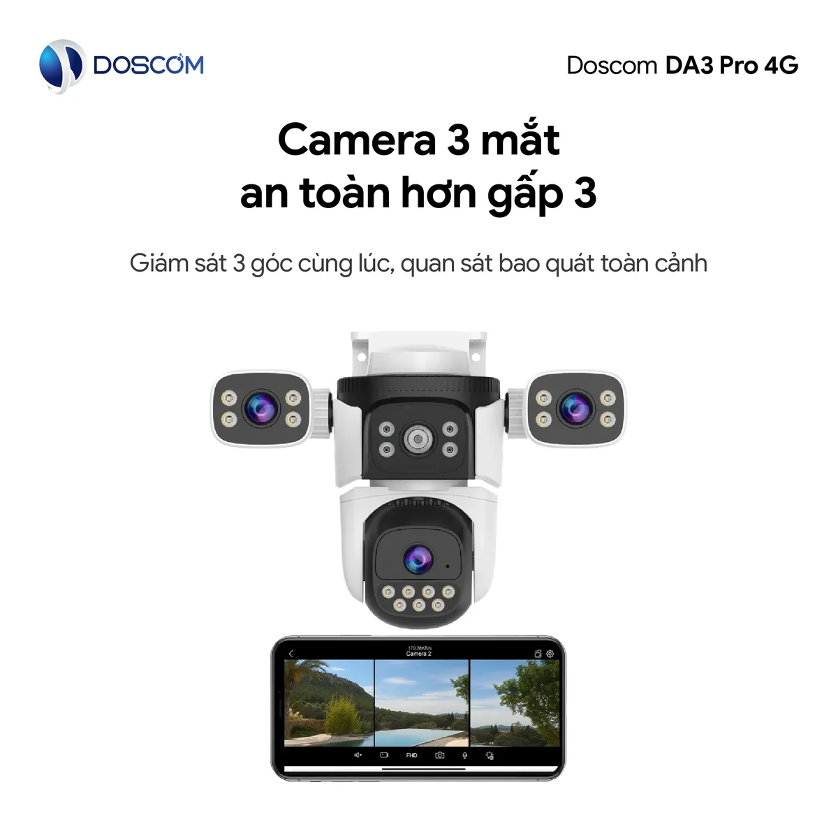 Camera 4G DA3 Pro DOSCOM - camera 3 mắt an toàn hơn gấp 3