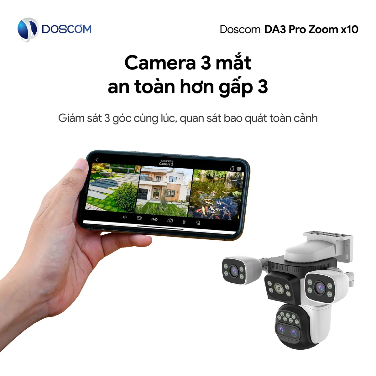 Camera Wifi DA3 Pro Zoom x10 DOSCOM - camera 3 mắt an toàn hơn gấp 3