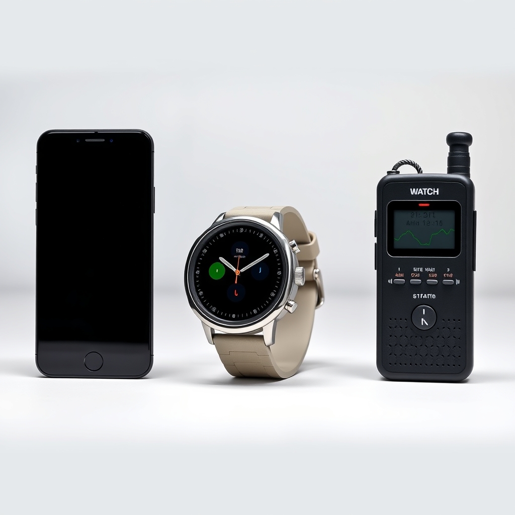 So sánh kích thước máy ghi âm giấu kín với smartphone, smartwatch và máy ghi âm cổ điển